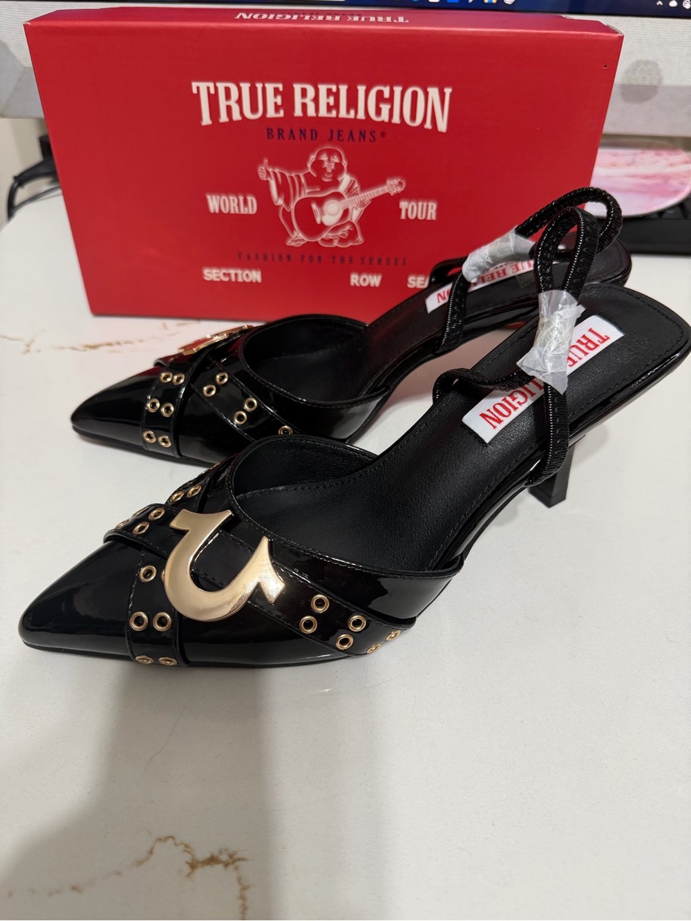 True Religion Black Patent Pointed-Toe Mules with Gold Hardware - Picture 7 of 9